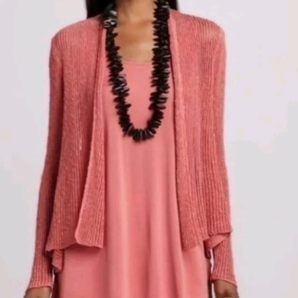 EILEEN FISHER Linen Blend Coral Peplum Open Knit Cardigan Sweater | SP